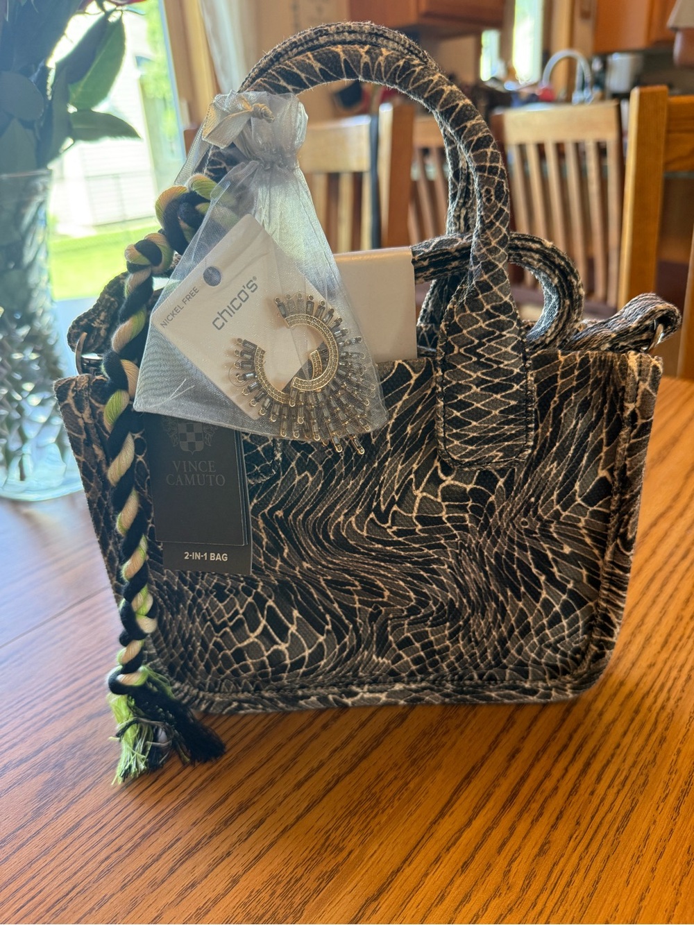 Vince Camuto Black & White Swirl Tote with Neon Green Tassel - Picture 3 of 6